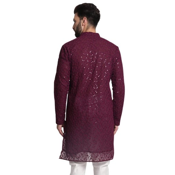 Men Chikankari Georgette Wine Color Kurta Full Sleeve Knee Length Kurta - Picture 4 of 5